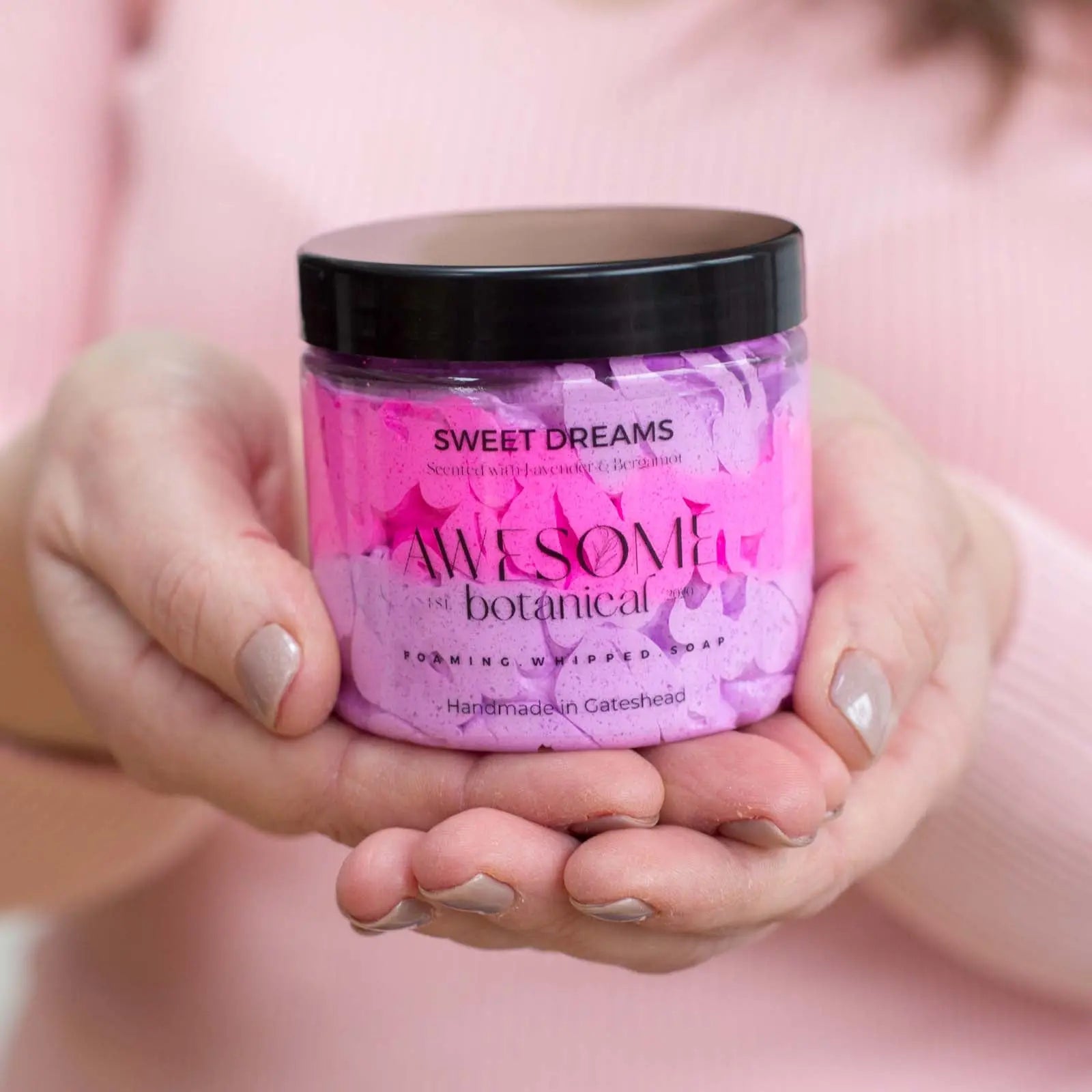Sweet Dreams whipped soap pink & purple in hands