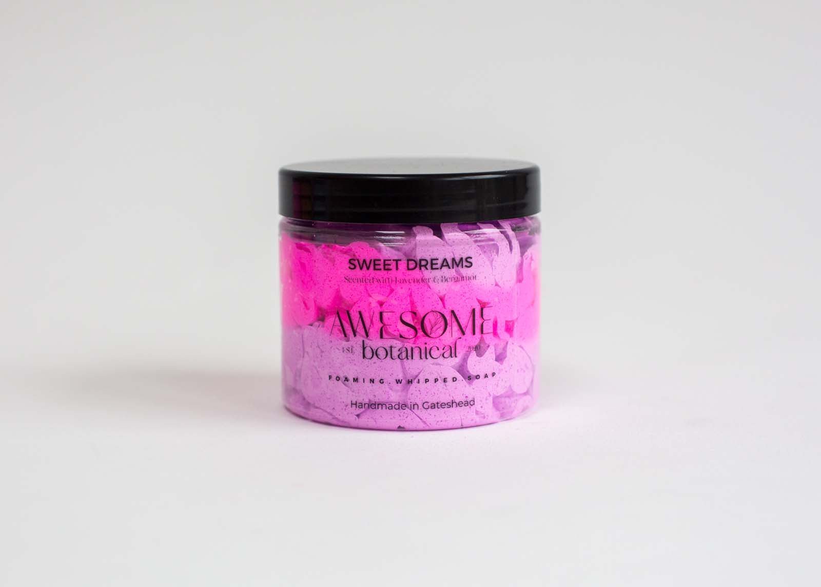 Sweet Dreams whipped soap pink &amp; purple on white back ground