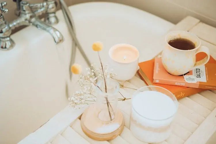 Bath with Bath Board, with a Cup of Tea , flowers & candle