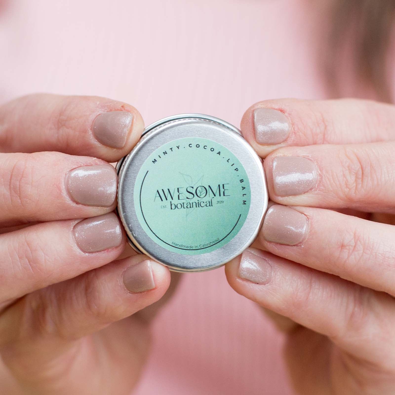 Minty Cocoa Lip Balm in hands