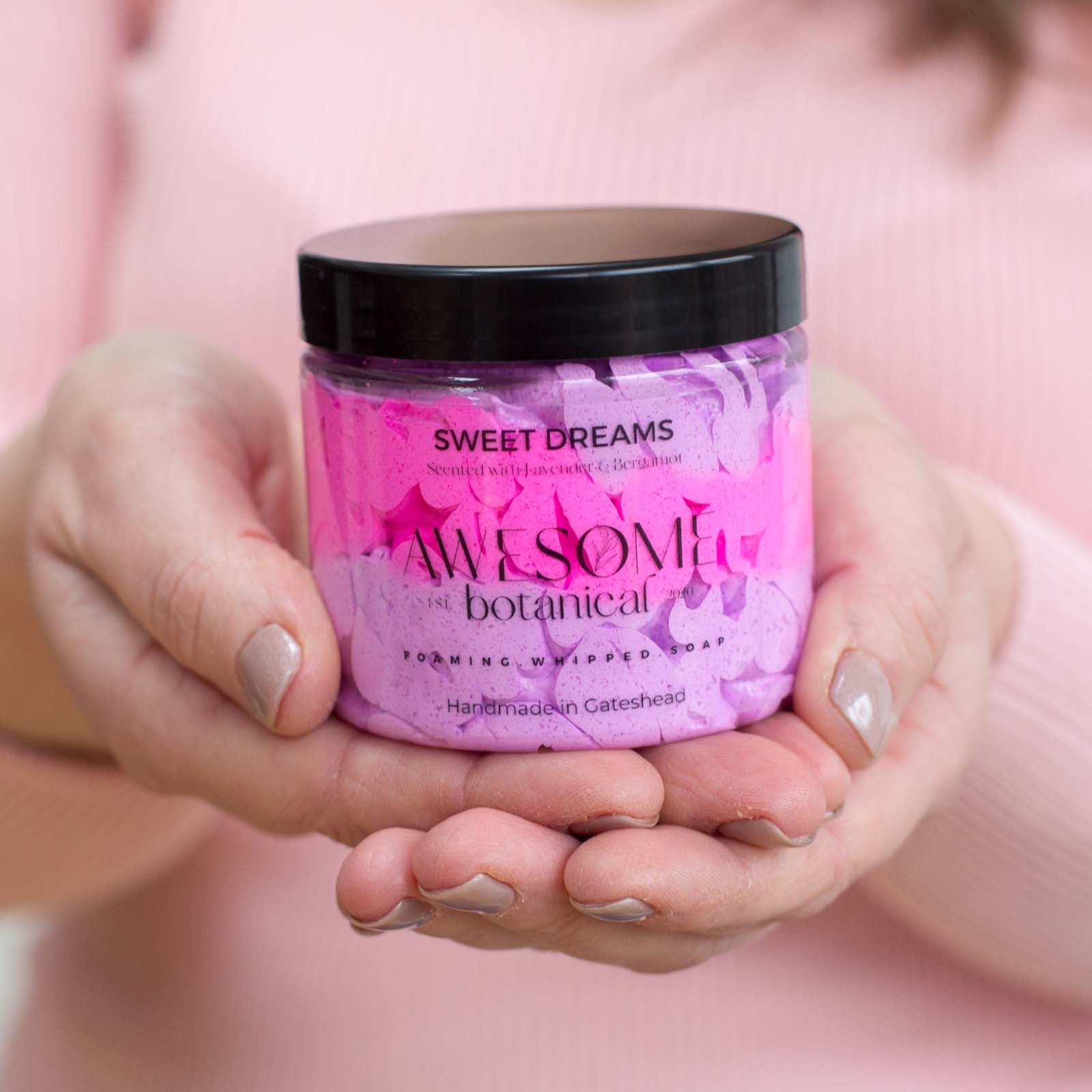 Sweet Dreams whipped soap pink &amp; purple in hands