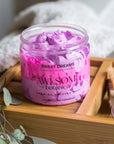 Sweet Dreams whipped soap pink & purple on bath rack with towel and leaves