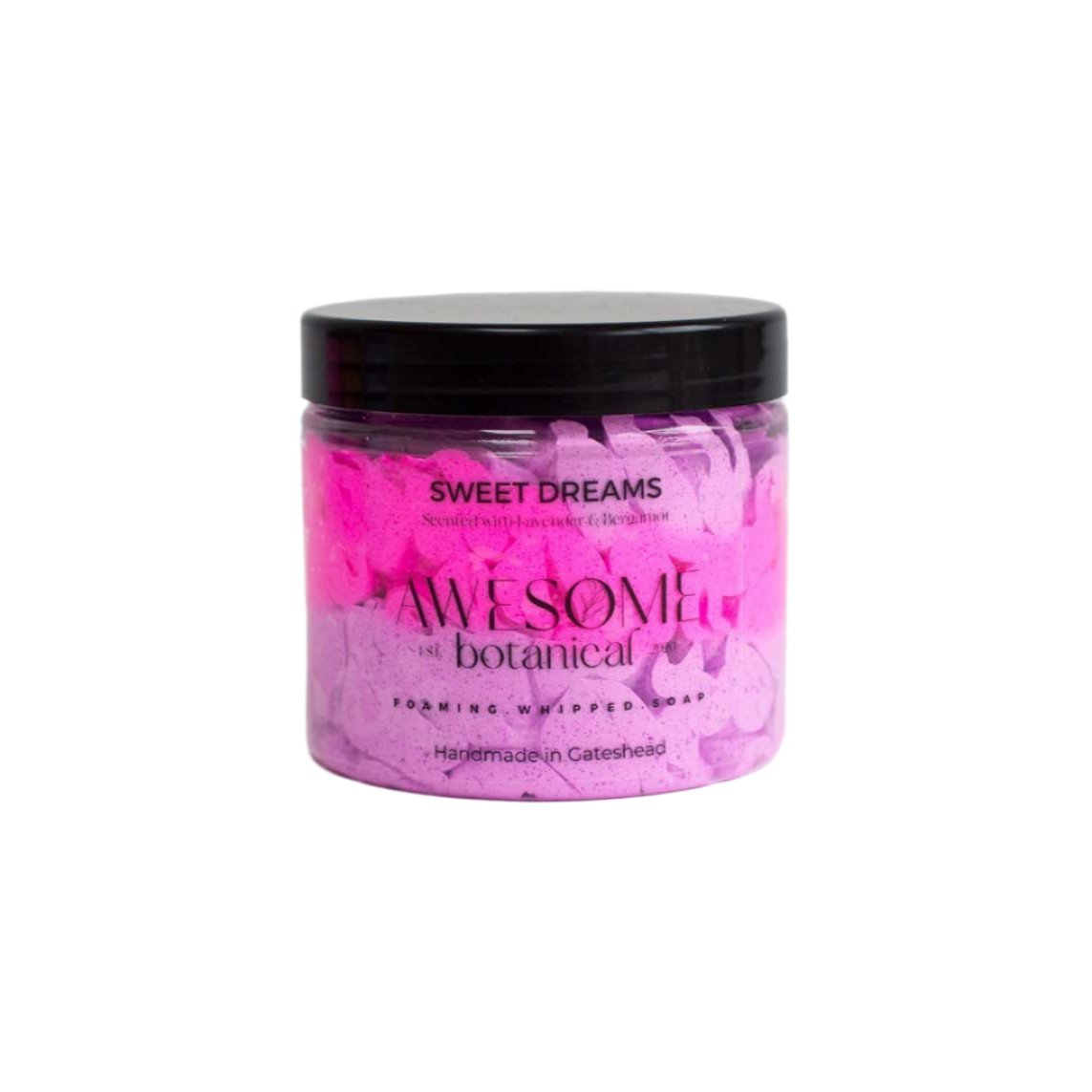 Sweet Dreams whipped soap pink & purple on white back ground