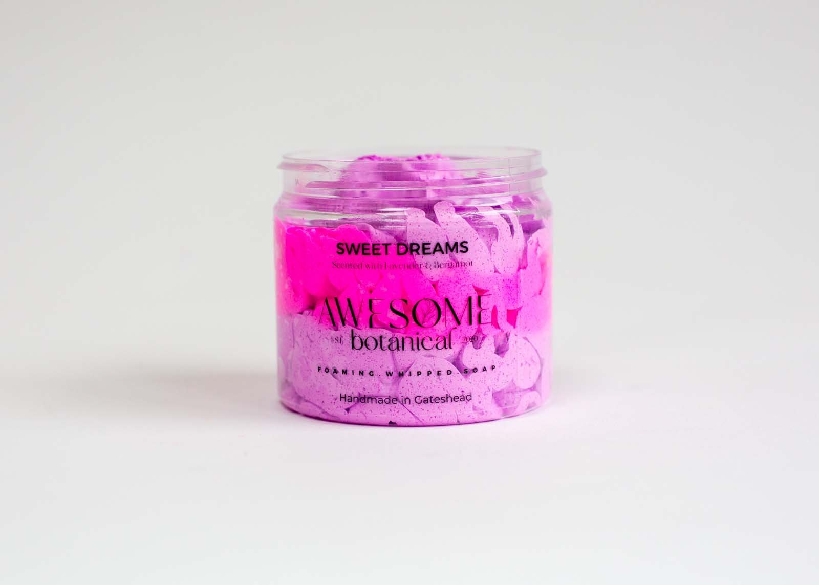 Sweet Dreams whipped soap pink & purple on white back ground